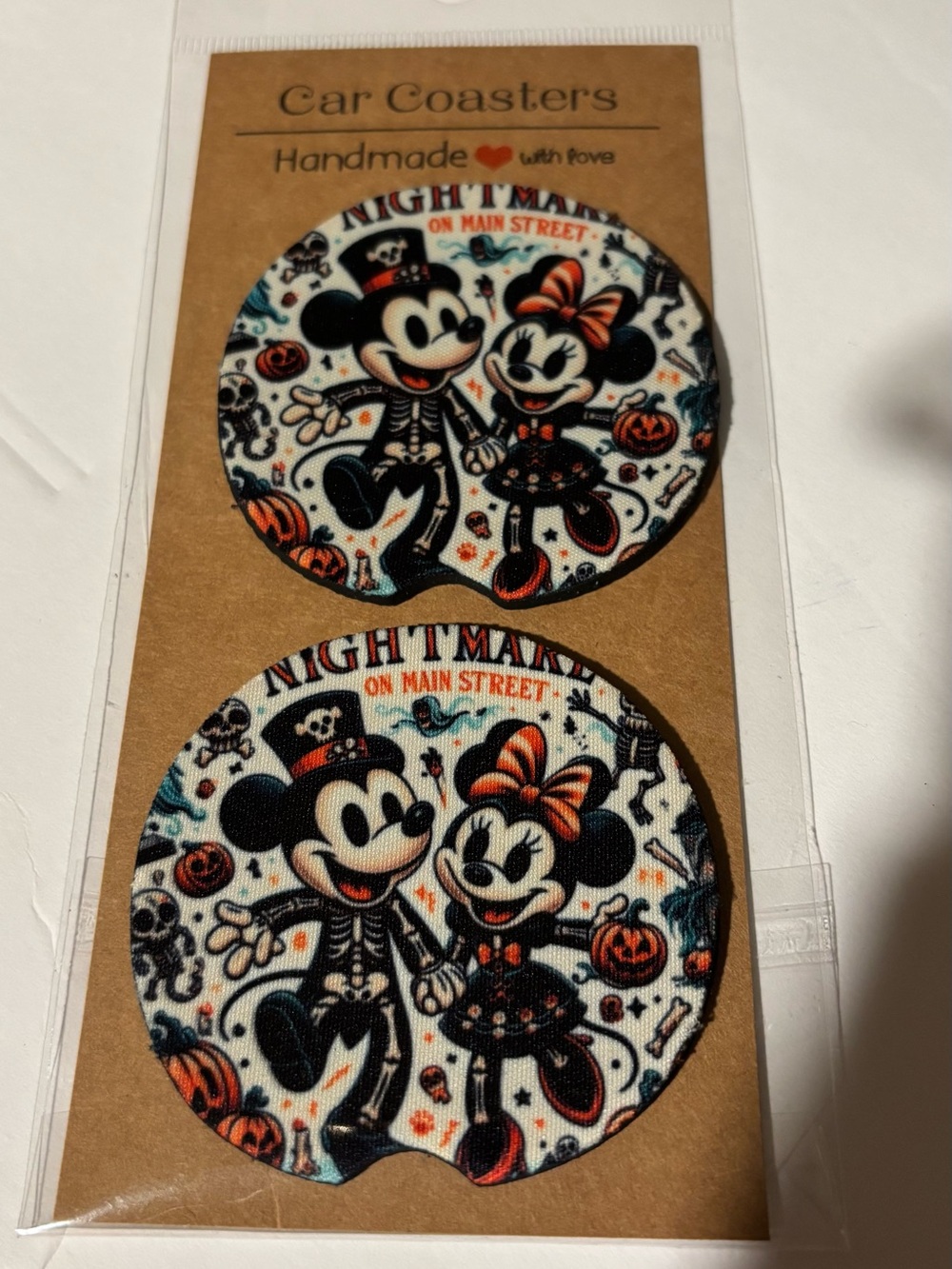 Handmade Halloween Car Coasters - Black & Orange Mickey & Minnie Design